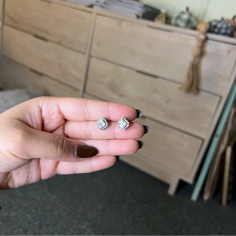 Princess Cut CZ Diamond Square Halo Studs Dainty Small Earrings Jewelry Accessor - Picture 10 of 16